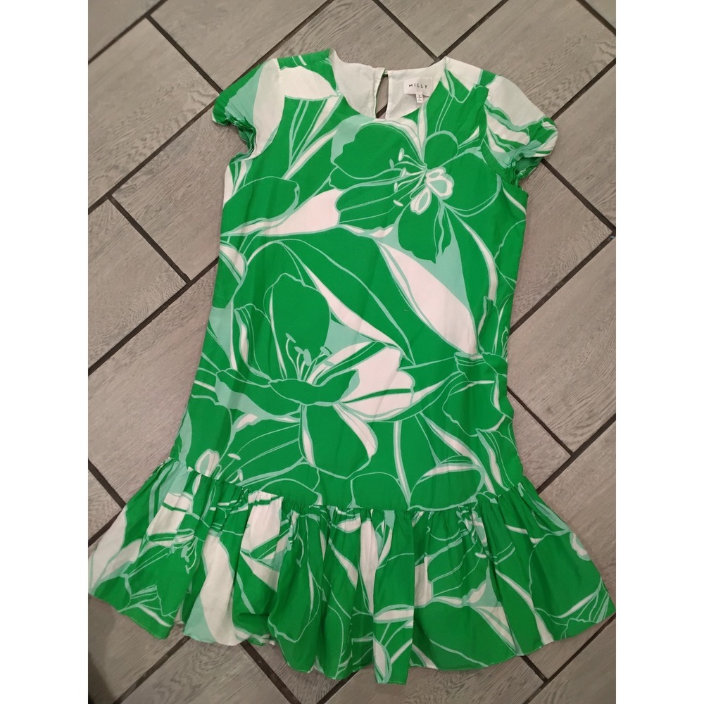 Milly Green White Floral Drop Waist Ruffle Shift Dress Size 2 Botanical Mini